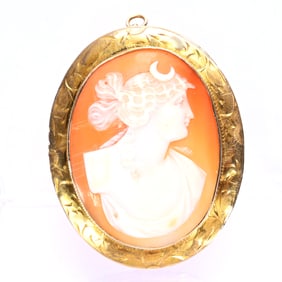 Antique Carved Shell Cameo Brooch/Pendant, Marked 10K Gold Mounting
