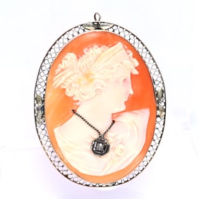 Antique Carved Shell Cameo Brooch/Pendant, Marked 14K White Gold Mounting