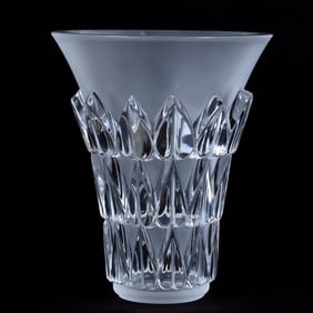 Flared Vase, Signed Lalique France Feuilles Pattern, Art Glass