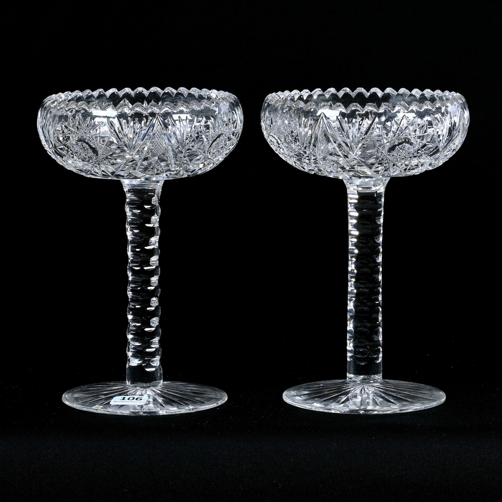 Pair Compotes, American Brilliant Cut Glass: Pair Compotes, American Brilliant Cut Glass, 7.75" x 5.25", Hobstar And Fan Motif, Solid Punty Cut Stem, Ray Cut Foot, Arkansas Private Estate Collection.