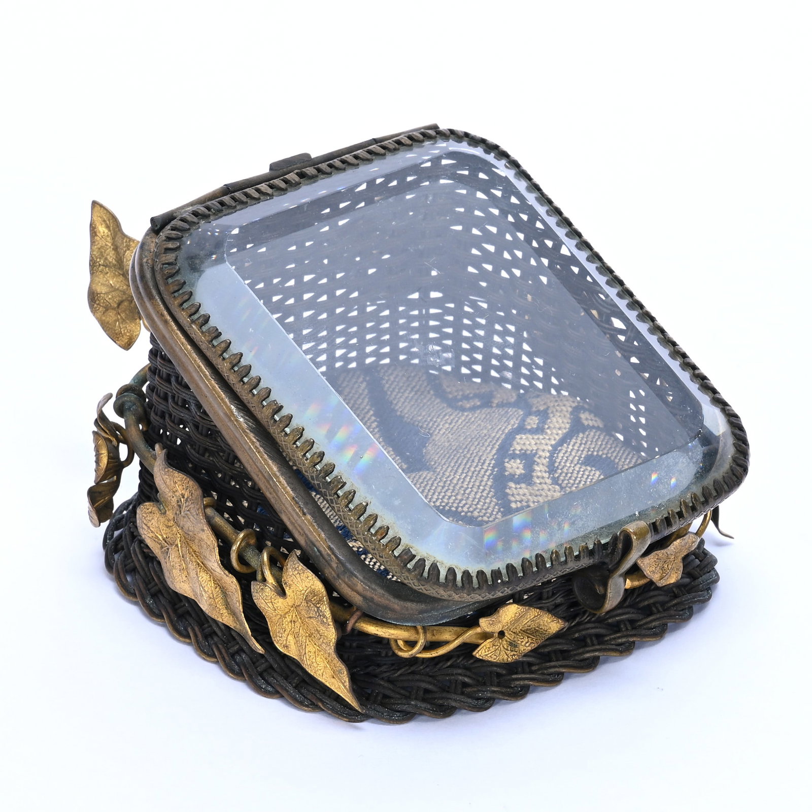 Vanity Box, Gilt Metal Basket Weave Frame With Heavy Beveled Glass Lid: Vanity Box, Gilt Metal Basket Weave Frame With Heavy Beveled Glass Lid, 2.25" x 3" x 3.25", Gilt Metal Vine Decor, Arkansas Private Estate Collection.