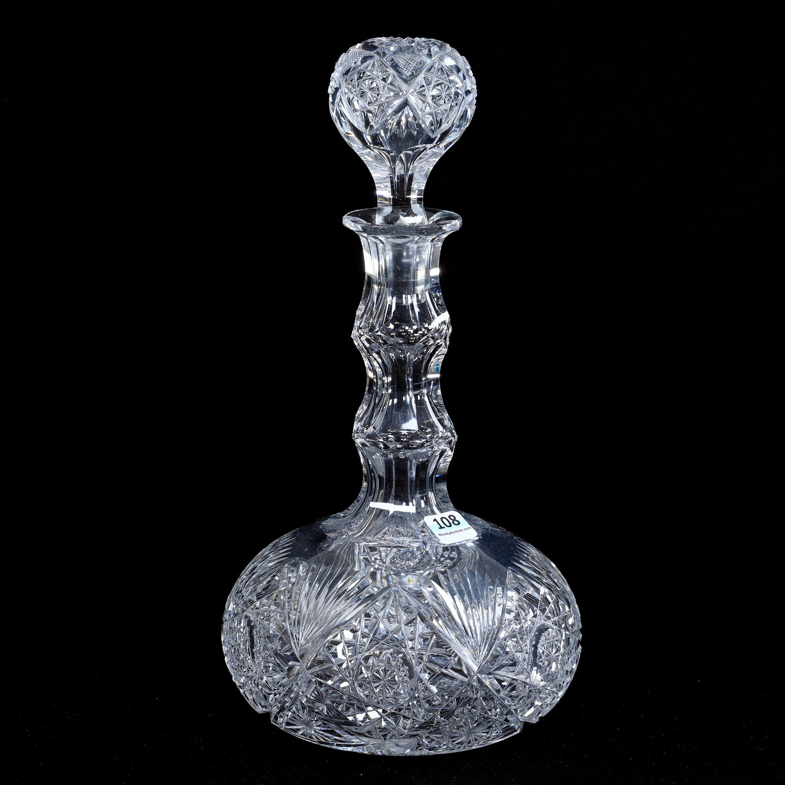 Decanter, American Brilliant Cut Glass, Hobstar, Star, And Fan Motif: Decanter, American Brilliant Cut Glass, Hobstar, Star, And Fan Motif, 12.5" x 6.5", Pattern Cut Stopper, Double Gooseneck, Ray Cut Base, Arkansas Private Estate Collection.