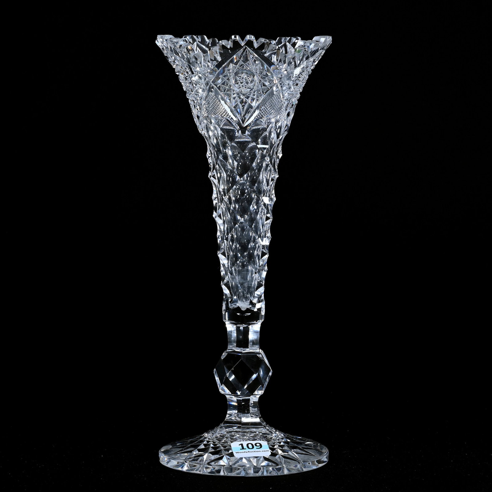 Trumpet Vase, American Brilliant Cut Glass, Signed Elite Trademark Of Gowans Kent & Company: Trumpet Vase, American Brilliant Cut Glass, Signed Elite Trademark Of Gowans Kent & Company, 10.25" x 4.25", Hobstar And Crosscutting With St. Louis Diamond Cut Body, Faceted Cut Knob Stem, Hobstar Fo