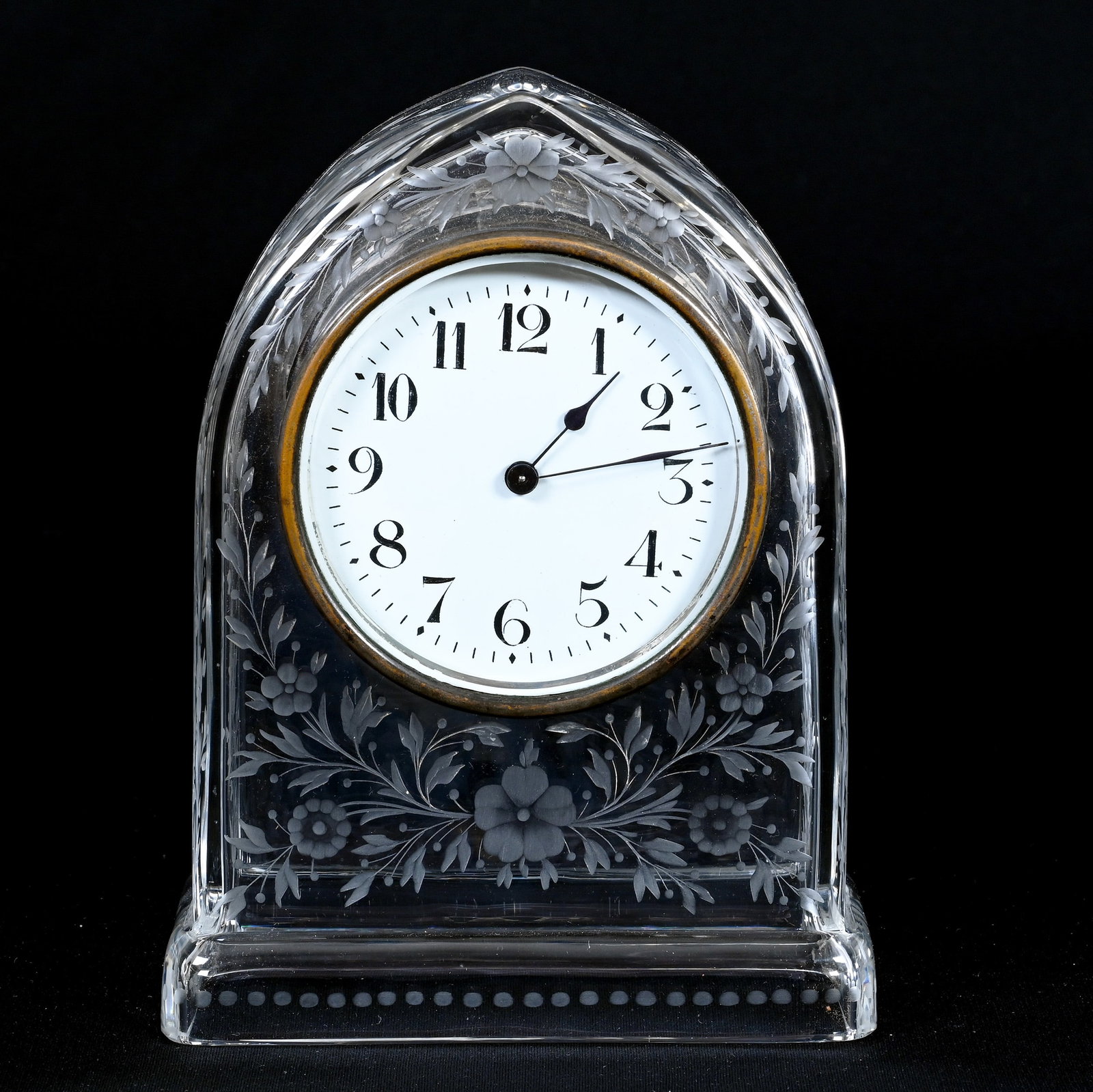 Mantle Clock, American Brilliant Cut Glass, Signed Sinclaire: Mantle Clock, American Brilliant Cut Glass, Signed Sinclaire, 7.5" x 5.75" x 3", Beautiful Engraved Floral Decor, Wonderfully Clear Blank, Original Clockworks, Joan Steskal Collection, CA.