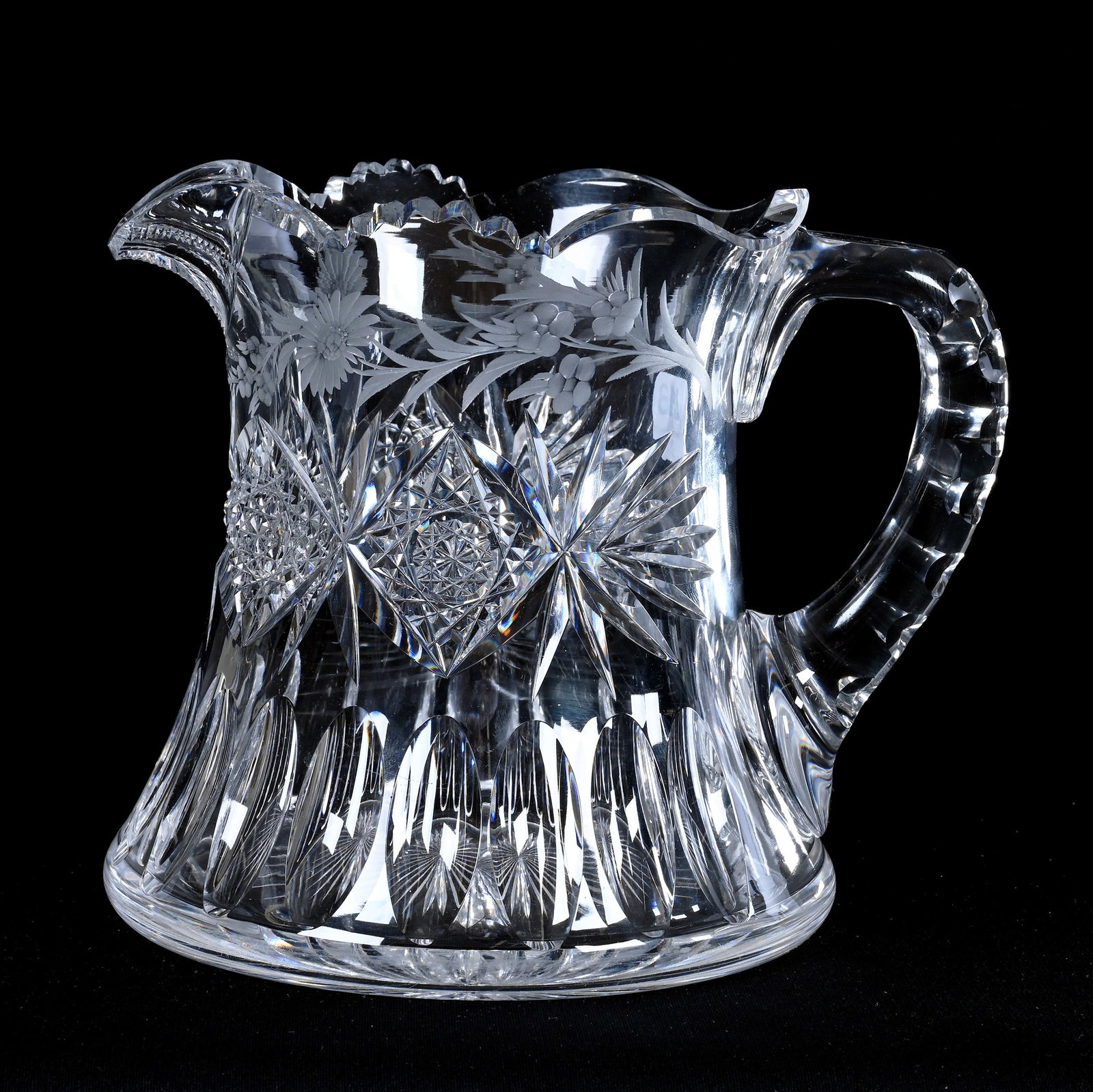 Cider Pitcher, American Brilliant Cut Glass, Attributed To Hawkes: Cider Pitcher, American Brilliant Cut Glass, Attributed To Hawkes, 6.25" x 7.5", Hobstar, Fan, And Punty With Engraved Floral Highlights, Double Notched Handle, Ray Cut Base, Clear Blank, Joan Steskal