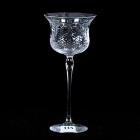 Wine Stem, American Brilliant Cut Glass, Signed Libbey, Engraved Peacock And Bird Of Paradise