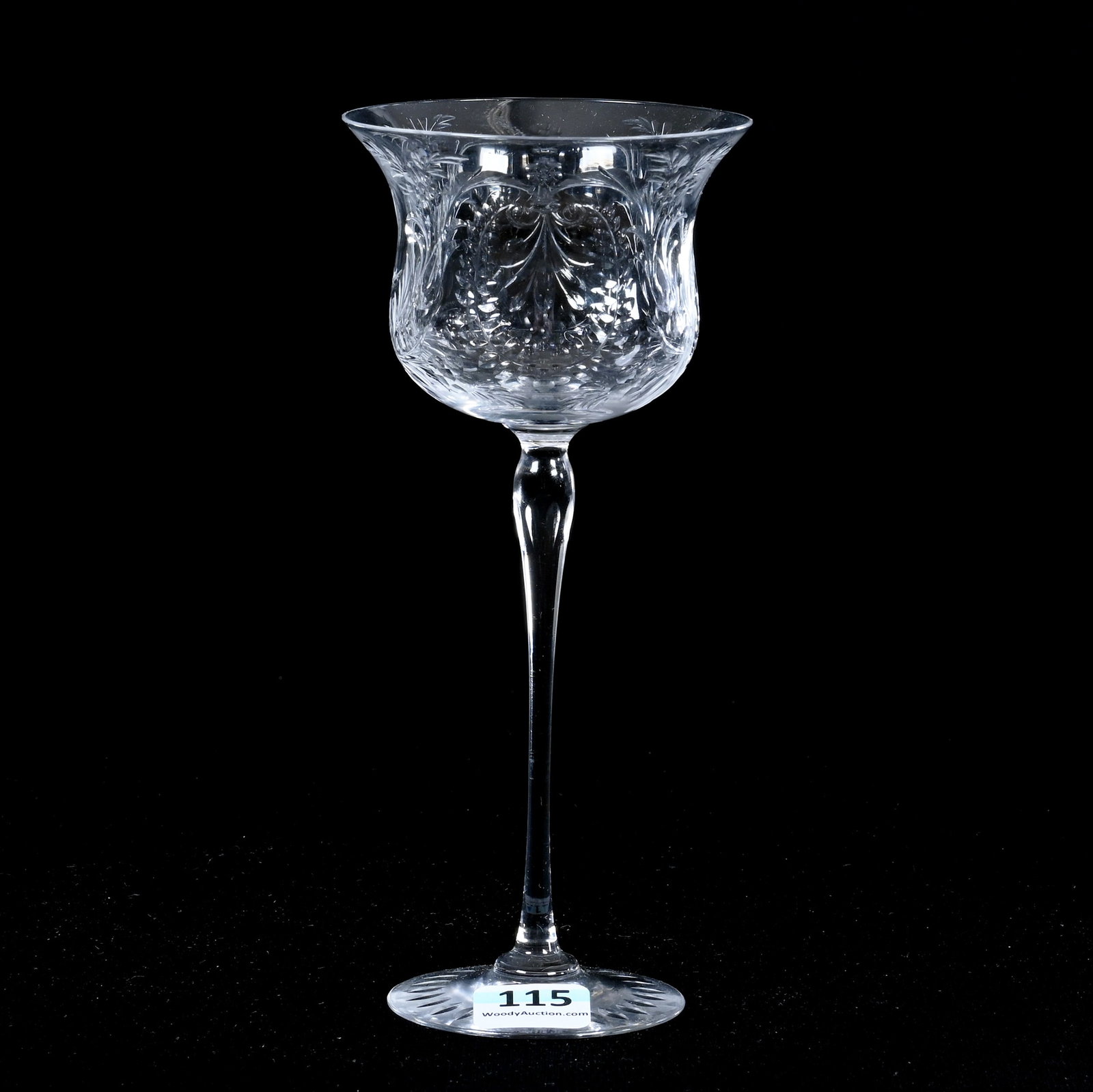 Wine Stem, American Brilliant Cut Glass, Signed Libbey, Engraved Peacock And Bird Of Paradise: Wine Stem, American Brilliant Cut Glass, Signed Libbey, Engraved Peacock And Bird Of Paradise, 6.75" x 3", Floral And Medallion Highlights, Delicate Stem, Joan Steskal Collection, CA.
