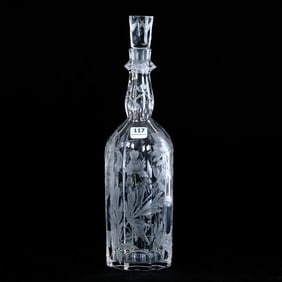 Whiskey Bottle, American Brilliant Cut Glass, Signed Libbey Flute Pattern With Engraved Thistle