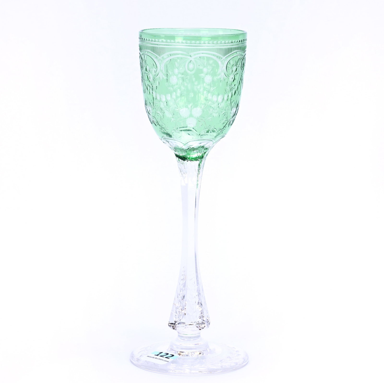 Wine Stem, Brilliant Period Cut Glass, Green Cut To Clear: Wine Stem, Brilliant Period Cut Glass, Green Cut To Clear, 8.75" x 3", Finely Engraved Floral Garland Design With Pattern Engraved Foot, Joan Steskal Collection, CA.