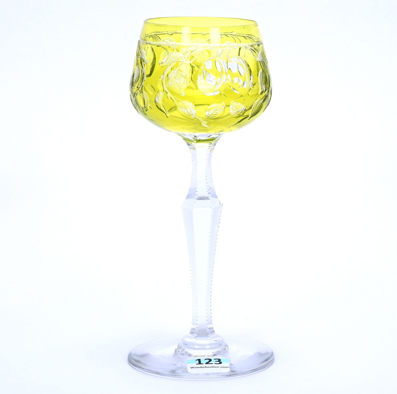 Wine Stem, Brilliant Period Cut Glass, Yellow Cut To Clear, Attributed To Baccarat: Wine Stem, Brilliant Period Cut Glass, Yellow Cut To Clear, Attributed To Baccarat, 7.25" x 3", Engraved Fruit Vine Decor, Notched Stem, Clear Uncut Foot, Joan Steskal Collection, CA.