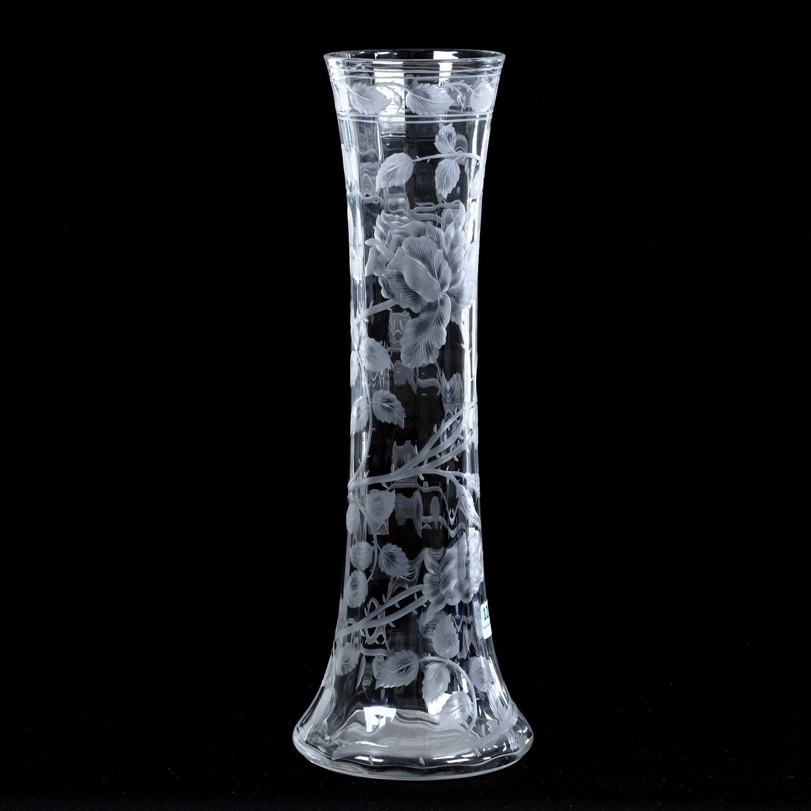 Vase, American Brilliant Cut Glass, Signed J. Hoare: Vase, American Brilliant Cut Glass, Signed J. Hoare, 14" x 5", Incredible Engraved Rose Vine Decor, Joan Steskal Collection, CA.UPDATED 10-10-25: Signature Photo.