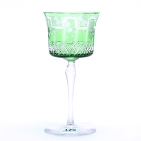 Wine Stem, American Brilliant Cut Glass, Signed Hawkes, Green Cut To Clear