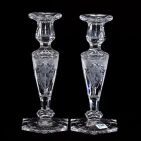 Pair Candlestick Holders, American Brilliant Cut Glass, Signed Sinclaire Adam Pattern