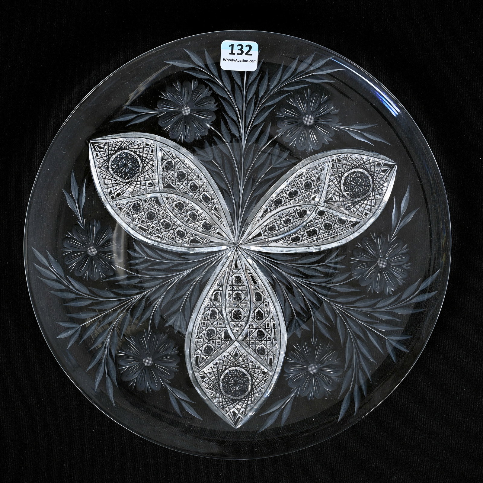 Plate, American Brilliant Cut Glass: Plate, American Brilliant Cut Glass, 10", Three Sections Of Engraved Floral Separated By Vesicas Of Hobstar And Button Motif, Joan Steskal Collection, CA.