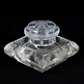 Square Covered Inkwell, Brilliant Period Cut Glass, Engraved Torch And Floral Garland Design