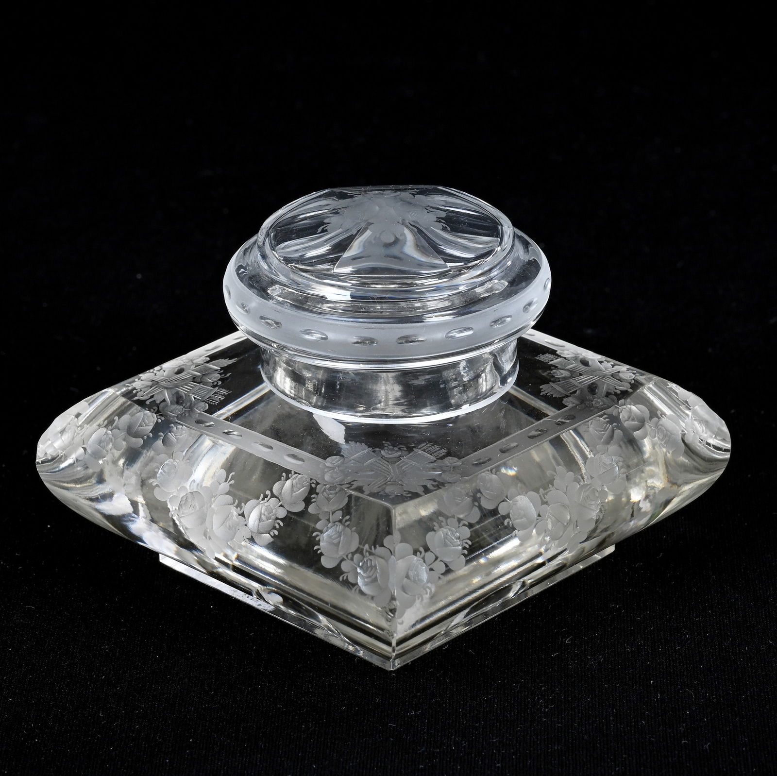 Square Covered Inkwell, Brilliant Period Cut Glass, Engraved Torch And Floral Garland Design: Square Covered Inkwell, Brilliant Period Cut Glass, Engraved Torch And Floral Garland Design, 2.75" x 3.5", Pattern Engraved Lid, Joan Steskal Collection, CA.
