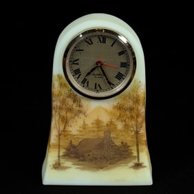 Desk Clock, Fenton Custard Glass With Hand Painted Cottage Scenic Decor