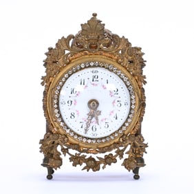 Desk Clock, French Gilt Metal Case With Embossed Floral Design