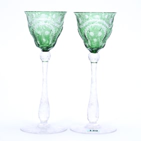 Pair Wine Stems, Brilliant Period Cut Glass, Signed Webb, Green Cut To Clear
