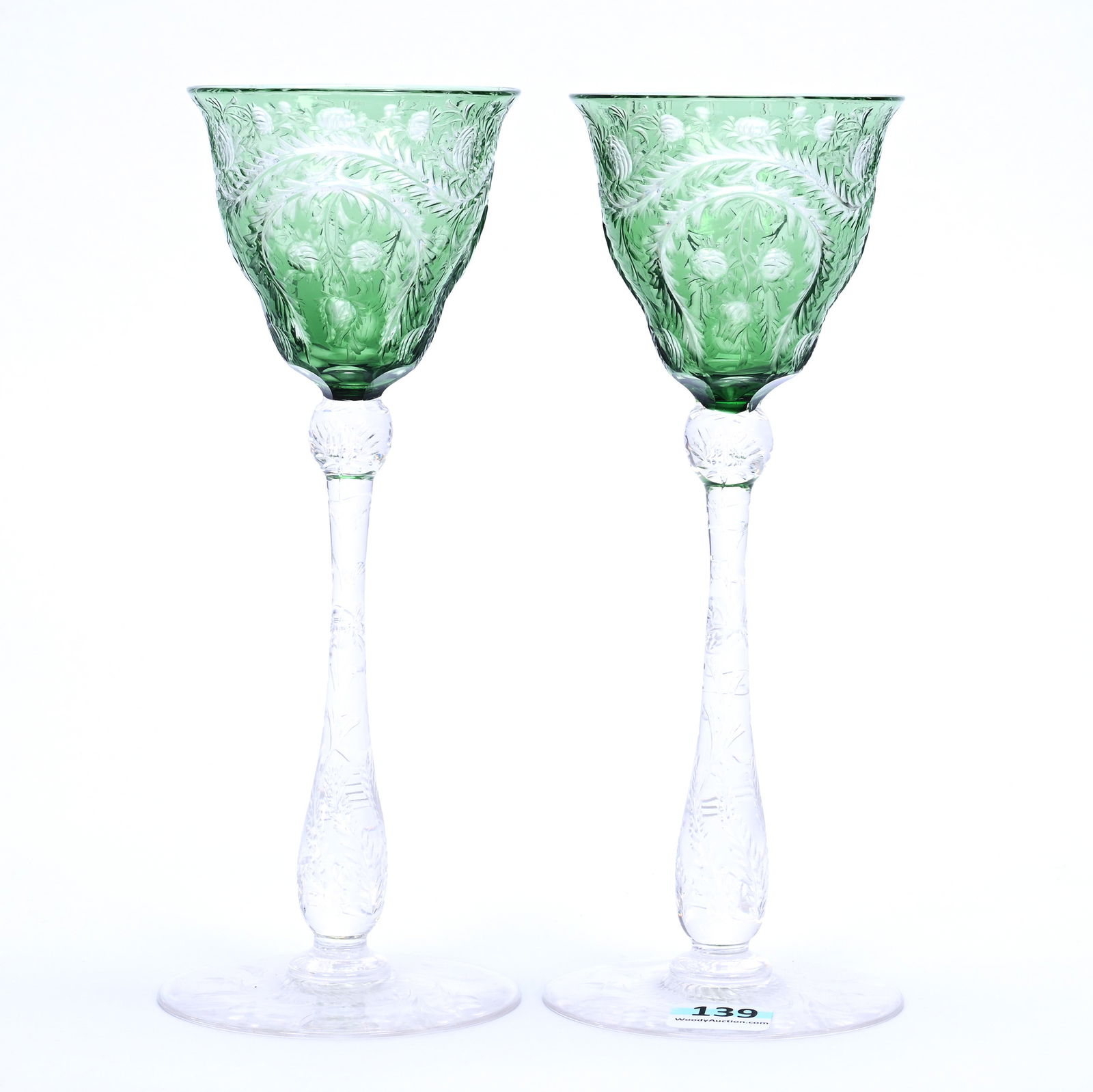 Pair Wine Stems, Brilliant Period Cut Glass, Signed Webb, Green Cut To Clear: Pair Wine Stems, Brilliant Period Cut Glass, Signed Webb, Green Cut To Clear, 8" x 3.125", Finely Engraved Feather And Floral Design With Pattern Engraved Stem And Foot, Joan Steskal Collection, CA.