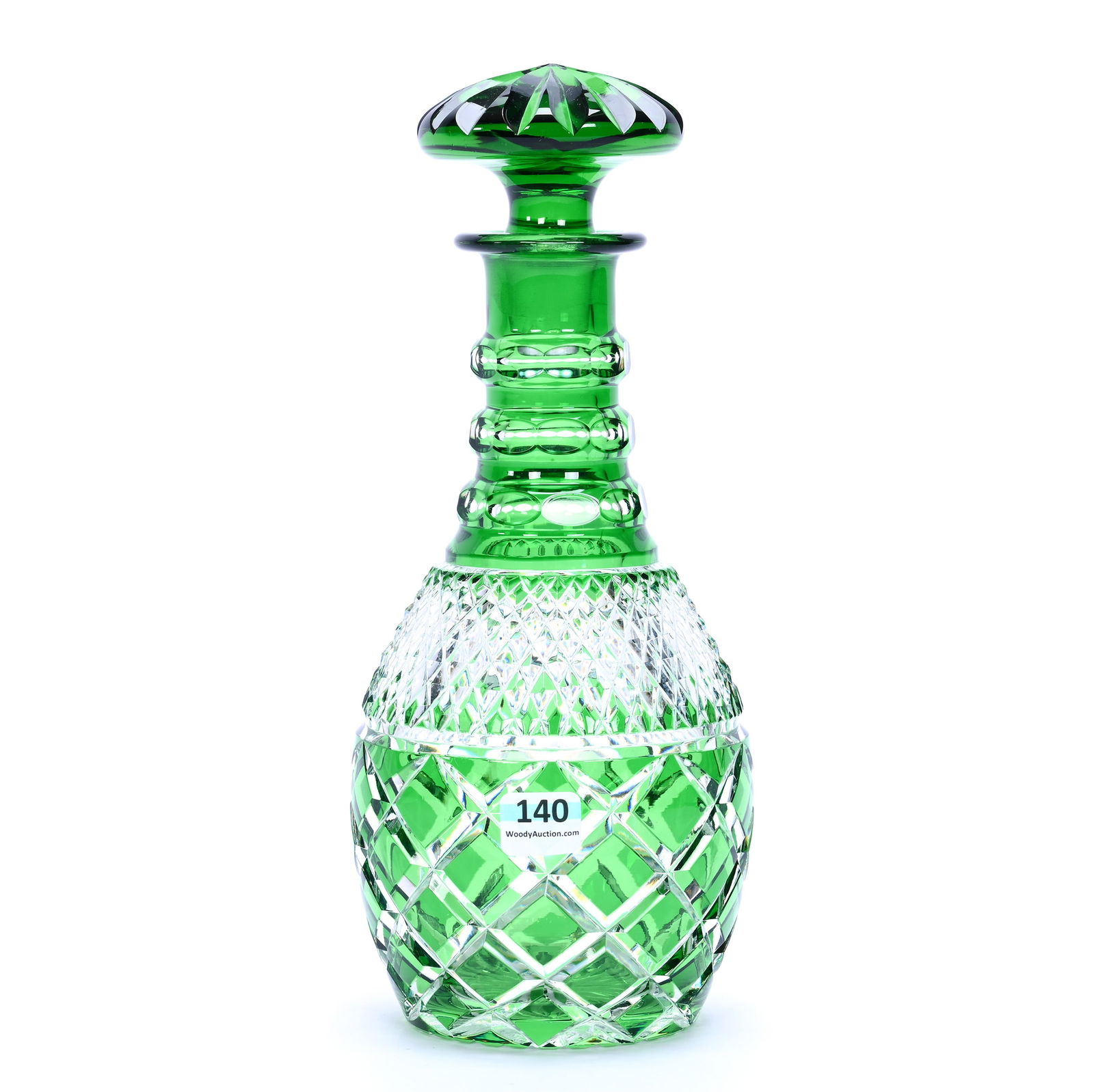 Decanter, Brilliant Period Cut Glass, Green Cut To Clear: Decanter, Brilliant Period Cut Glass, Green Cut To Clear, 10.75" x 4.5", Small And Large Diamond Motif, Mushroom Shaped Stopper, Ray Cut Base, Chip On Stopper Plug, Joan Steskal Collection, CA.