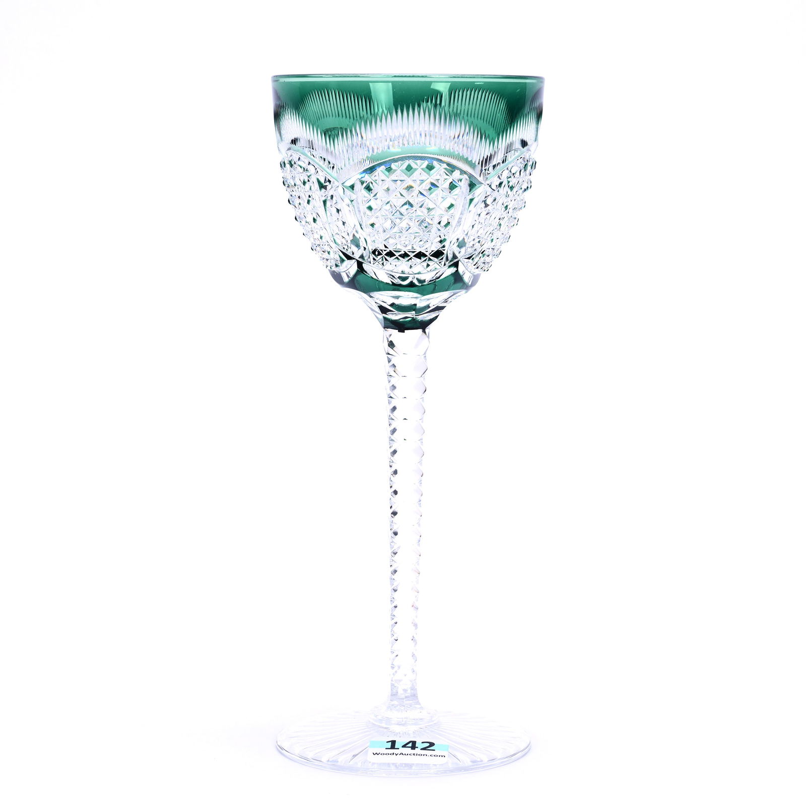 Wine Stem, Brilliant Period Cut Glass, Aaron Pattern By Val St. Lambert Circa 1920: Wine Stem, Brilliant Period Cut Glass, Aaron Pattern By Val St. Lambert Circa 1920, 7.5" x 3", Emerald Green Cut To Clear, Diamond Cut Stem, Ray Cut Foot, Joan Steskal Collection, CA.