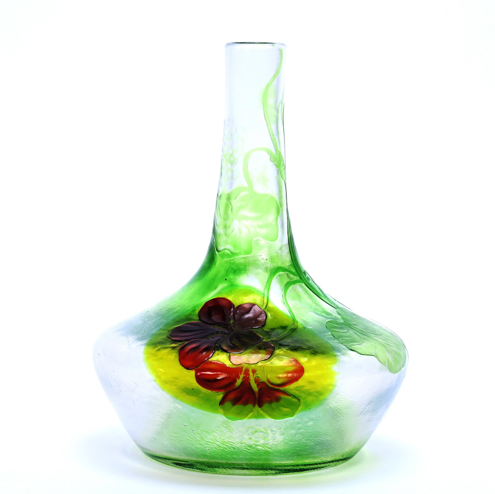Vase, Marked Meisenthal D. Christian, French Art Glass: Vase, Marked Meisenthal D. Christian, French Art Glass, 8.75" x 6.75", Translucent White Background With Lily Pad And Blossom Carved Overlay Decor, Professional Rim Touch Up, Joan Steskal Collection, 