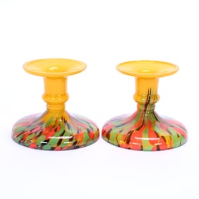 Pair Candlestick Holders, Marked Czechoslovakia, Art Glass