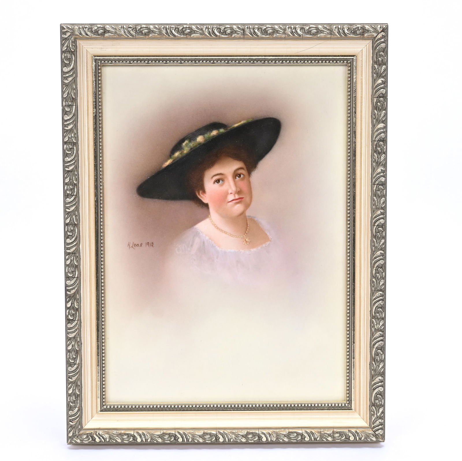 Berlin Hand Painted Plaque Marked KPM, Artist Signed, Dated 1912: Berlin Hand Painted Plaque Marked KPM, Artist Signed, Dated 1912, 10" x 7", Portrait Of Woman Wearing Hat, Mounted In 11.75" x 9" Frame, Joan Steskal Collection, CA.