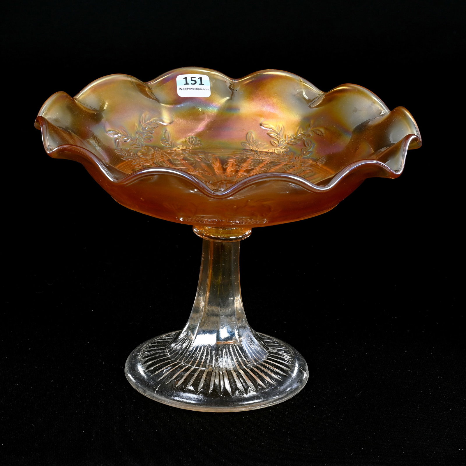Compote, Australian Carnival Glass, Marigold, Butterfly Bush & Flannel: Compote, Australian Carnival Glass, Marigold, Butterfly Bush & Flannel, 7" x 9.5", Joan Steskal Collection, CA.