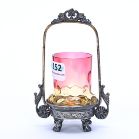 Toothpick Holder On Silverplate Stand, Amberina Art Glass