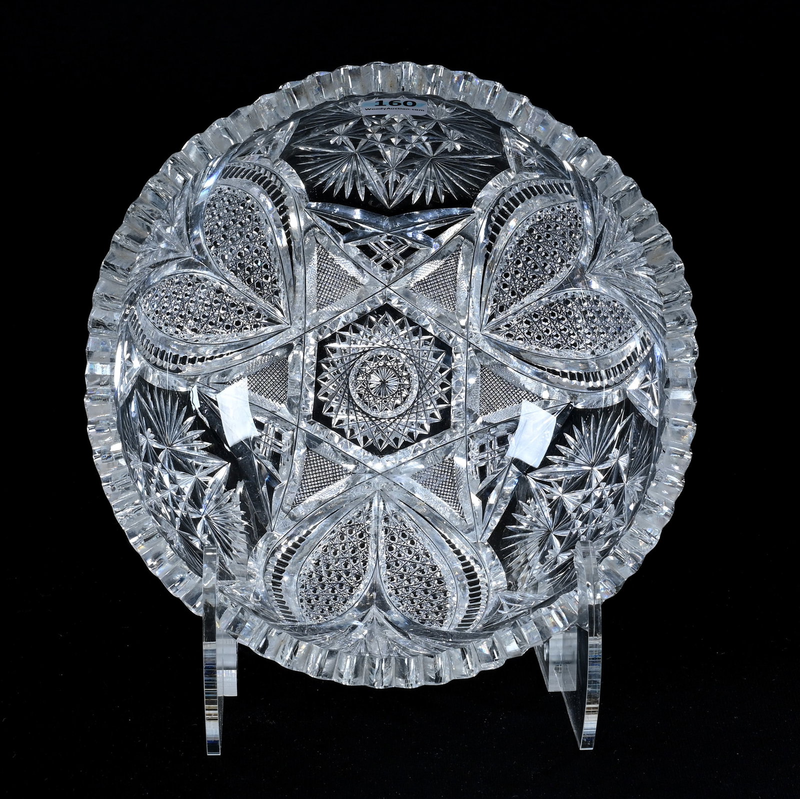 Bowl, American Brilliant Cut Glass: Bowl, American Brilliant Cut Glass, 3.5" x 8.25", Three Alternating Sections Of Flashed Modified Hobstar, Vesica, Nailhead Diamond, Crosscutting, Star And Fan Motif, Two Tooth Chips, Mike & Denise Pay