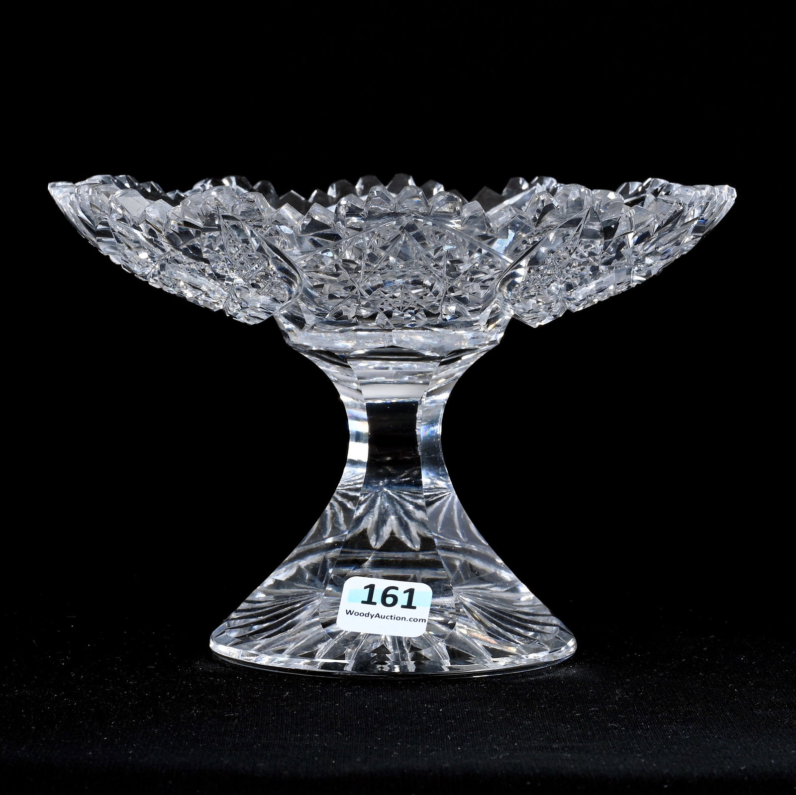 Tazza, American Brilliant Cut Glass, Hobstar, Vesica And Cane Motif: Tazza, American Brilliant Cut Glass, Hobstar, Vesica And Cane Motif, 4.75" x 7", Petticoat Ray Cut Foot, Mike & Denise Payne, Oklahoma.