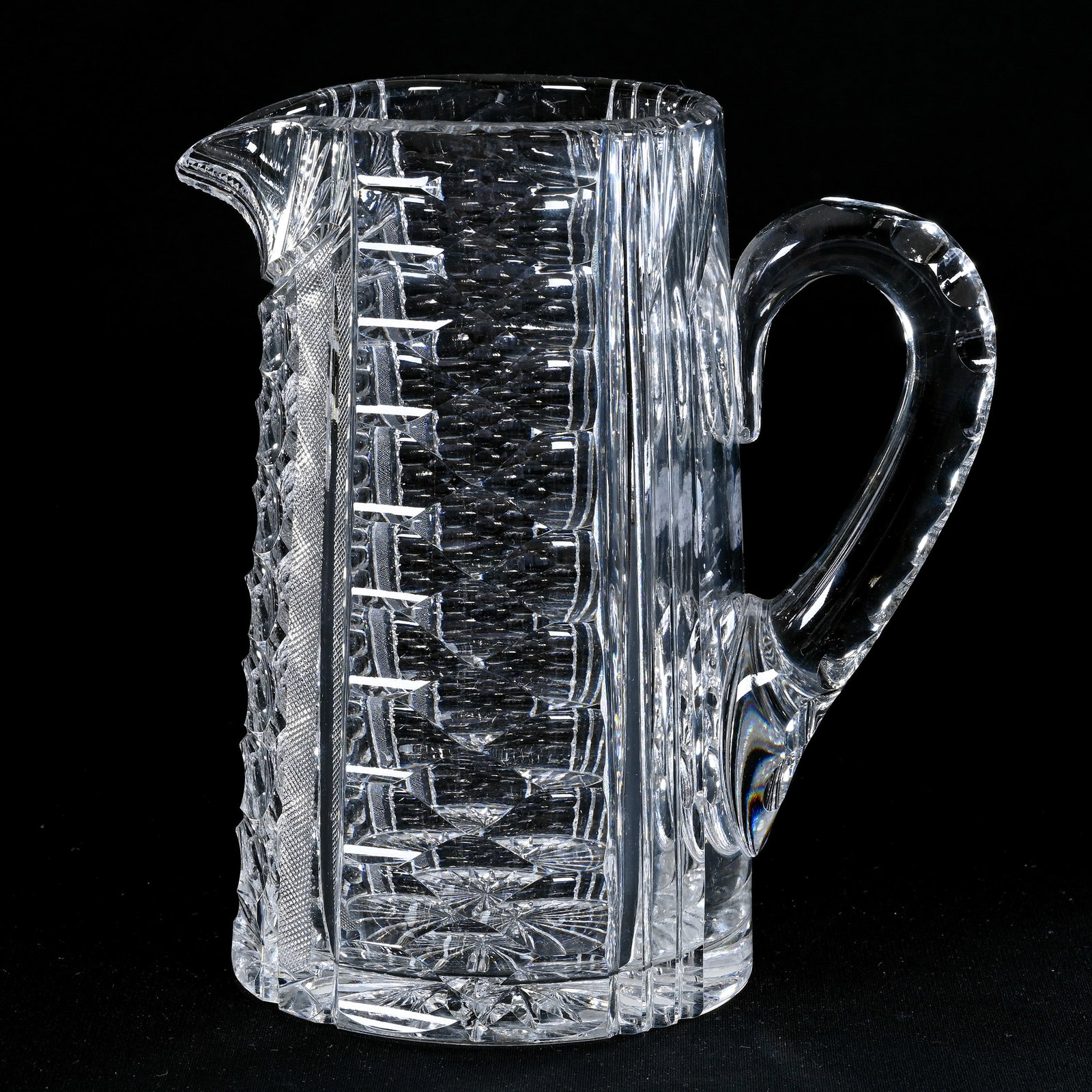 Pitcher, American Brilliant Cut Glass, Panels Of St. Louis Diamond With Miter & Crosscutting: Pitcher, American Brilliant Cut Glass, Panels Of St. Louis Diamond With Miter & Crosscutting Highlights, 8.25" x 7.5", Double Notched Handle, Ray Cut Base, Mike & Denise Payne, Oklahoma.
