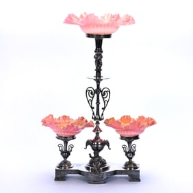 Victorian Centerpiece Epergne, Three Bowls, Glossy Peachblow Art Glass Ruffled Bowls