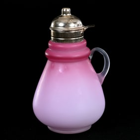 Syrup Pitcher, Pink Satin Art Glass, Silverplate Top