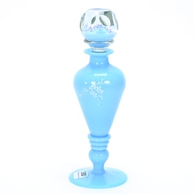 Pedestal Perfume Bottle, Paperweight Stopper, Blue Opaque Art Glass
