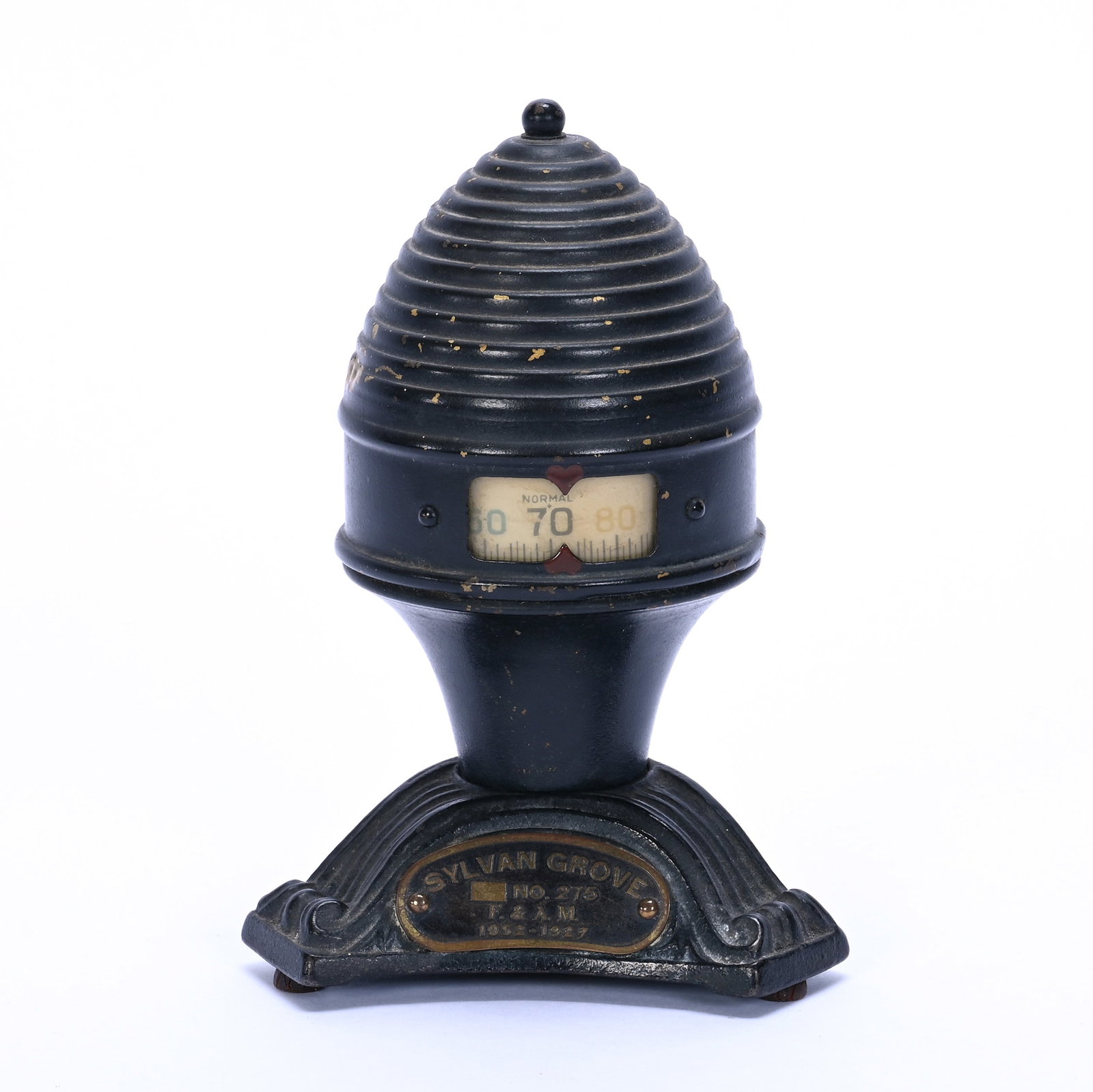 Painted Metal/Iron Base Pedestal Thermometer Marked Sylvan Grove #275: Painted Metal/Iron Base Pedestal Thermometer Marked Sylvan Grove #275, 5" x 3.5", Beehive Form, Private Collection, Arkansas.