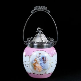 Biscuit Jar, White Opal Ware Art Glass, Pink Border
