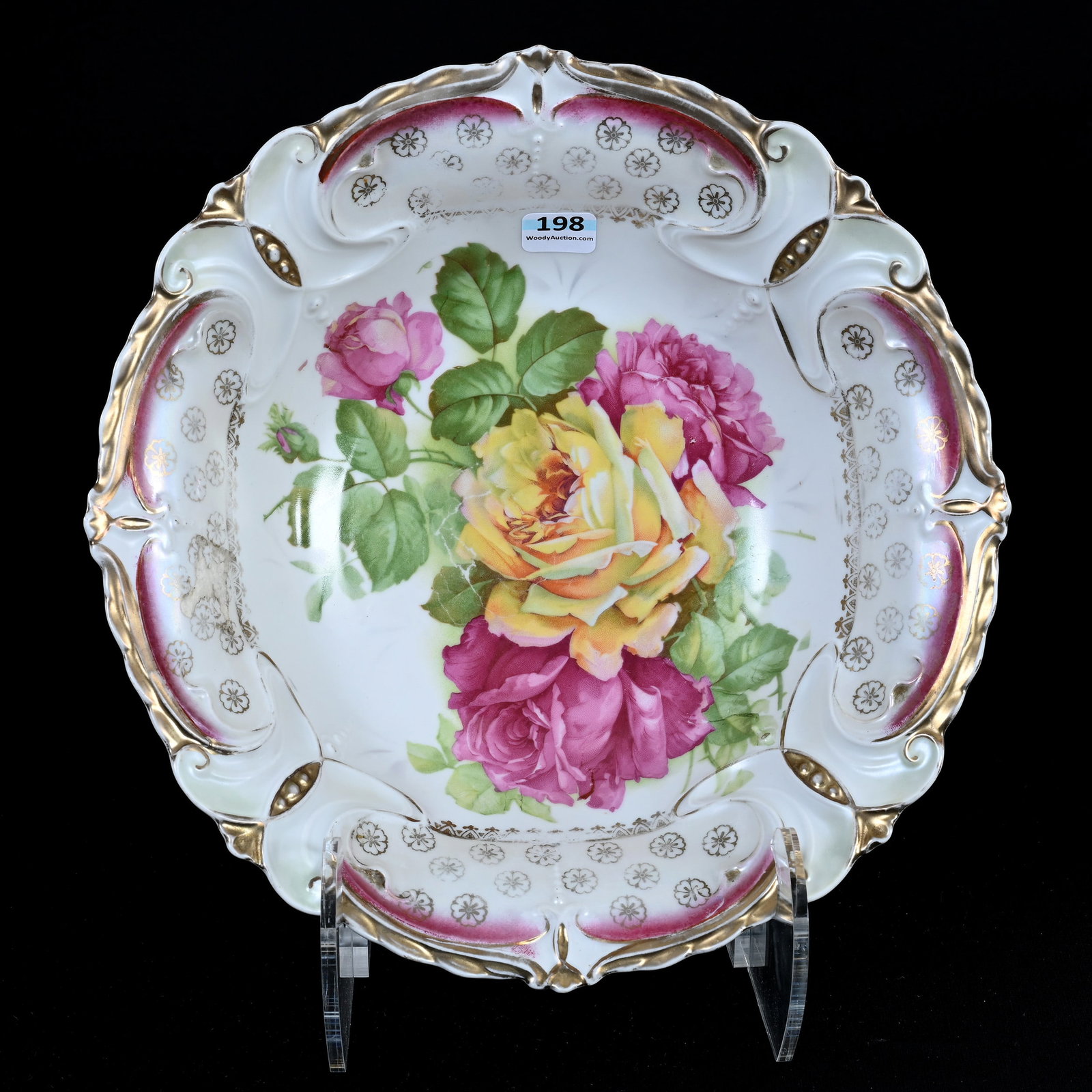 Bowl, Unmarked Germany: Bowl, Unmarked Germany, 10.75", Pink And Yellow Rose Decor, White And Lavender Satin Finish, Gold Trim, Private Collection, Arkansas.