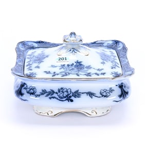 Square Covered Tureen, Flow Blue Orient Pattern By Burleigh Ware