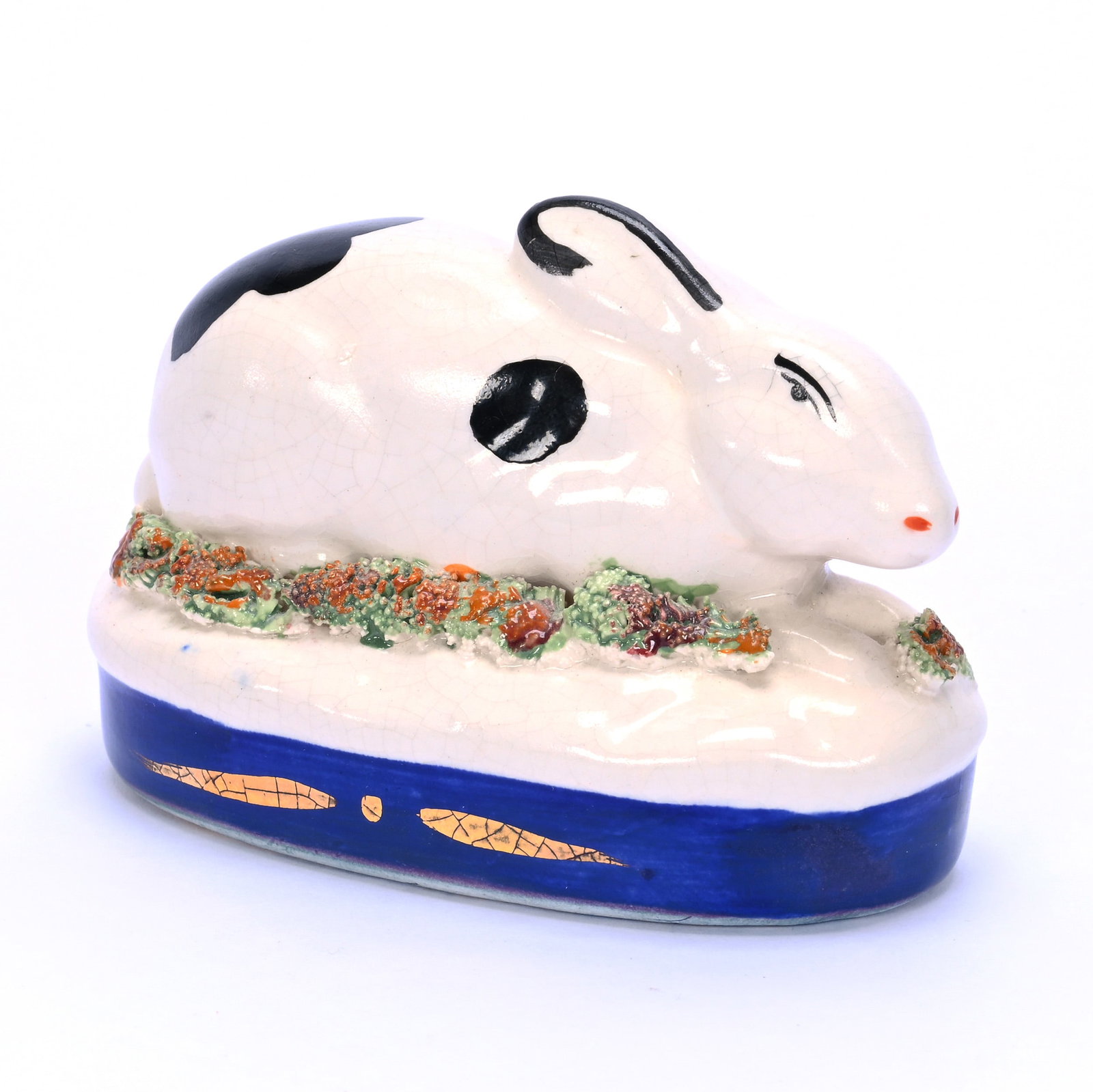 Figurine, Unmarked Staffordshire, White And Black Spotted Rabbit: Figurine, Unmarked Staffordshire, White And Black Spotted Rabbit, 2.5" x 3.75" x 2", Cobalt Blue Border, Private Collection, Arkansas.