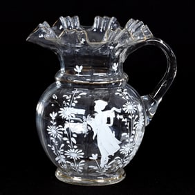 Water Pitcher, Clear Art Glass With Enamel Mary Gregory Style Decor