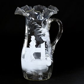Pitcher, Clear Art Glass With Enamel Mary Gregory Style Decor