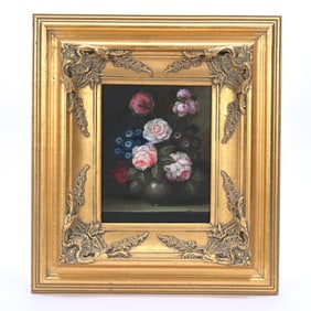 Oil Painting, Still Life With Floral Bouquet In Vase