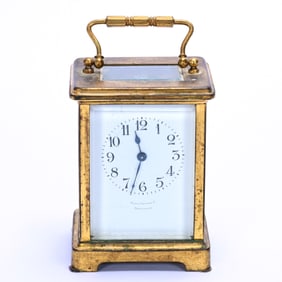 Carriage Clock, Brass Case With Beveled Glass Panels Marked Tilden Thurber Providence