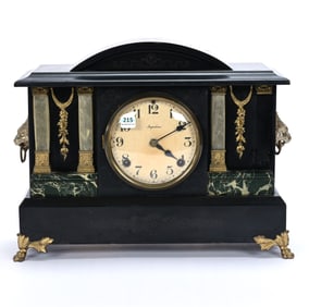 Mantel Clock Marked Ingraham, Ebony Case With Faux Green Marble Highlights