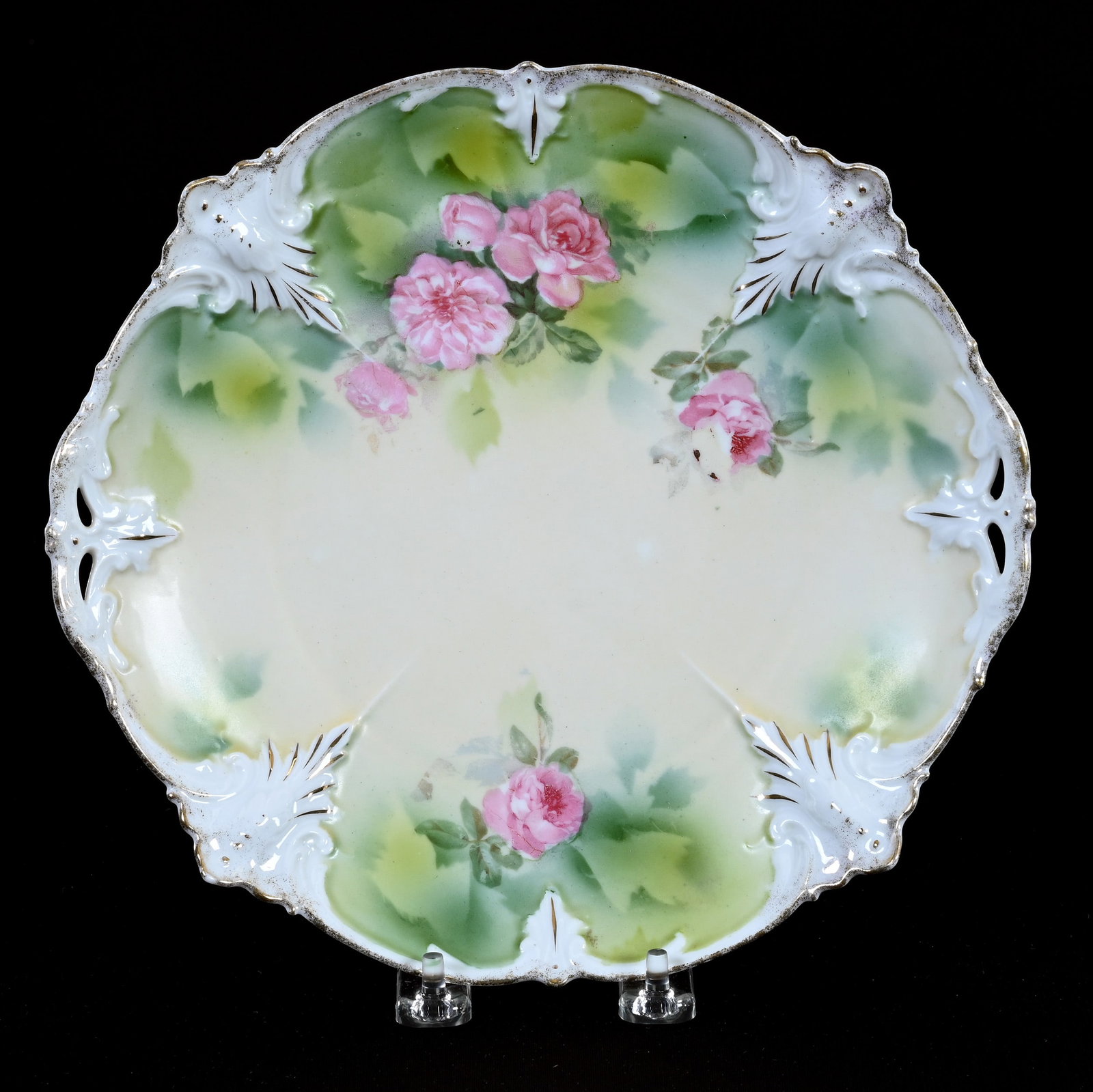 Cake Plate Marked R.S. Prussia, Green, Cream And White Tones: Cake Plate Marked R.S. Prussia, Green, Cream And White Tones, 9.75", Pink Rose Decor, Private Collection, Arkansas.