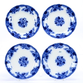 (4) Plates, Flow Blue Roseville Pattern By Maddock & Sons