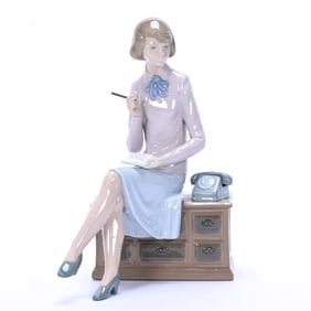 Figurine Marked NAO Lladro, Secretary Sitting Near Phone On Desk
